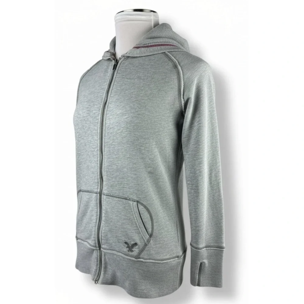 Y2K American Eagle Gray Full Zip Hoodie Women's Large Fleece Lined 2000s Preppy - Picture 2 of 16